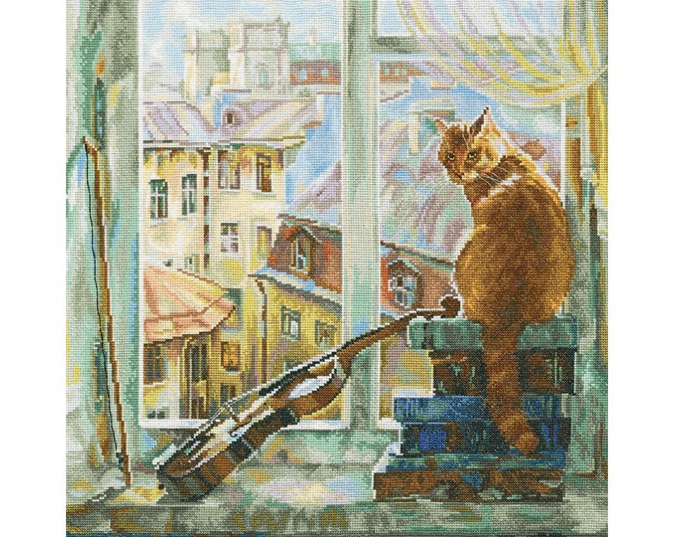 craftvim cross stitch kit ginger cat sitting on books in window aida fabric