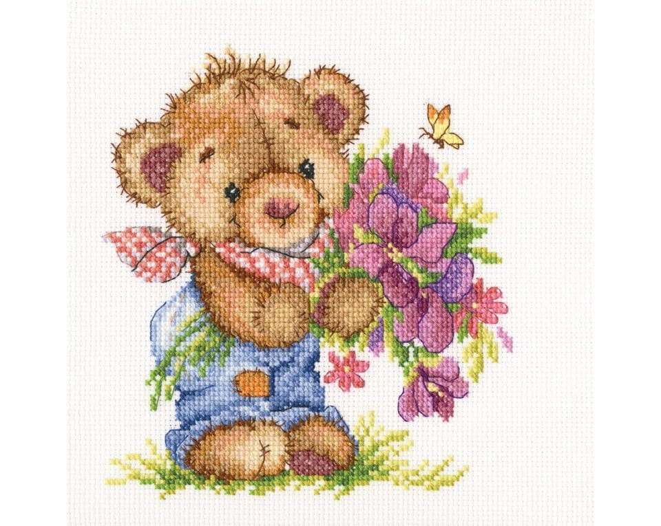 craftvim counted cross stitch kit bear with flowers aida fabric
