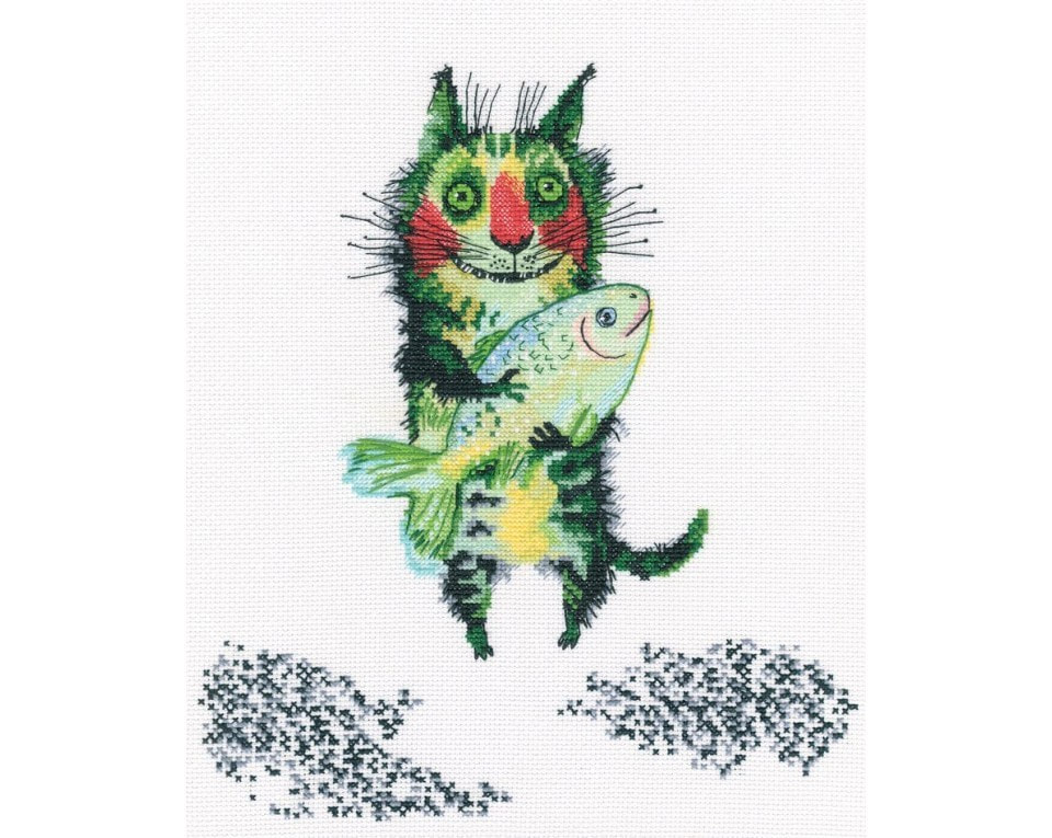 craftvim cross stitch kit green cat with fish aida fabric